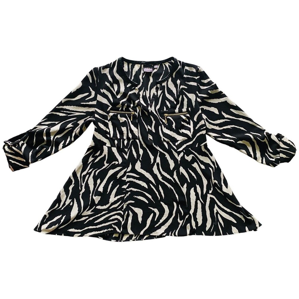 Rafaella Zebra Animal Print Blouse Women S Faux Leather Trim Gold Zip Roll Tab